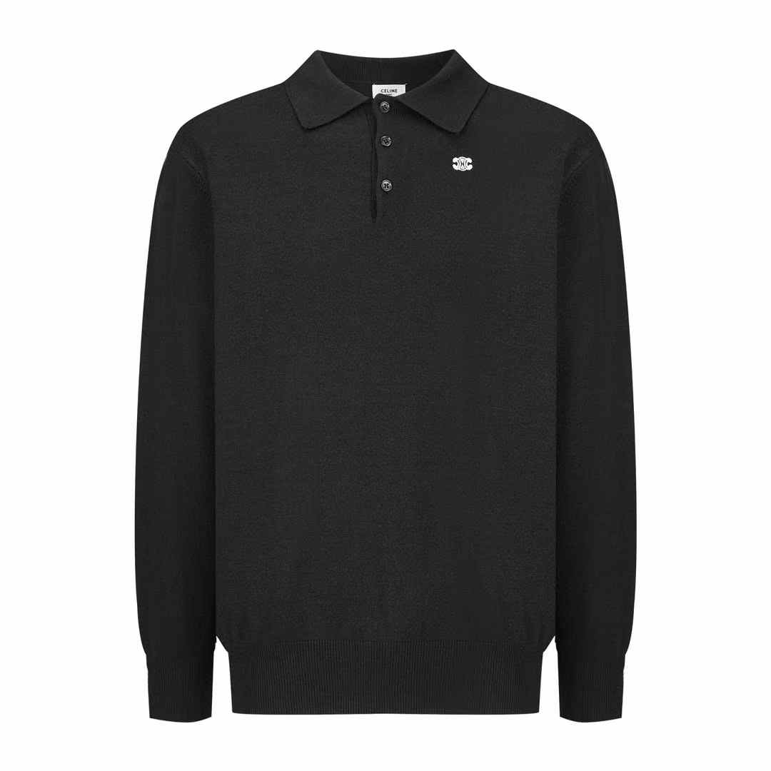 Fendi black long-sleeved polo shirt shaved wool knit