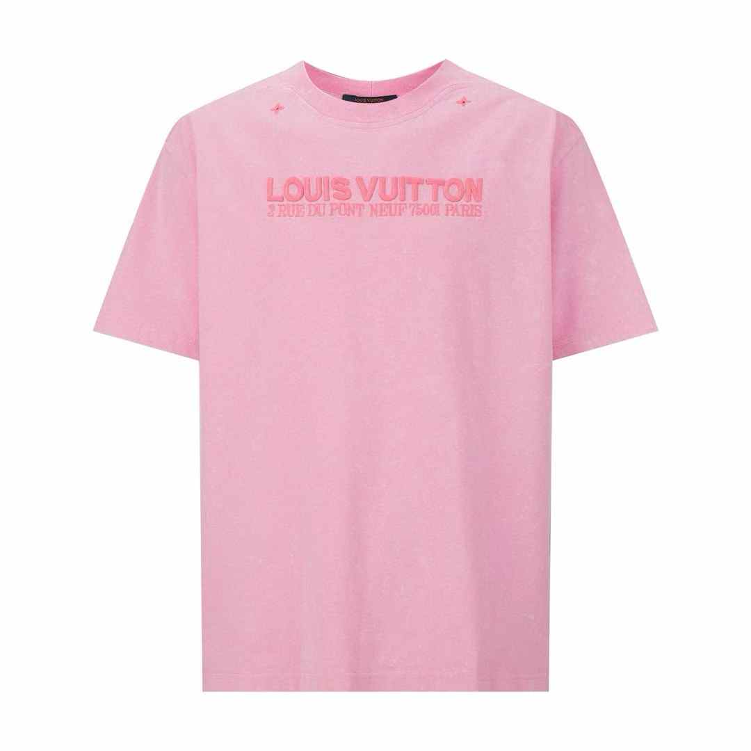 LV Washed pink Ribbed T-Shirt tone-on-tone embroidered Louis Vuitton signature on the chest
