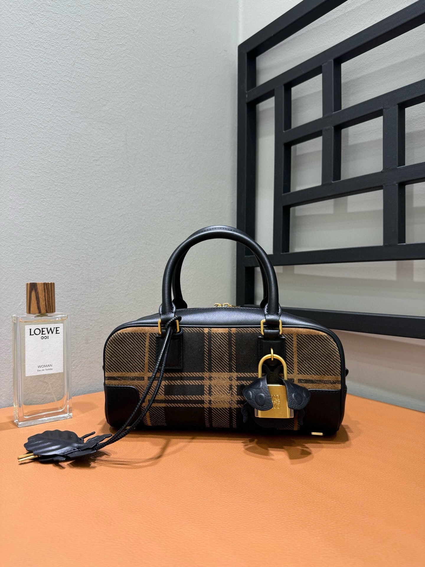 Loewe Amazona 23 cropped bag in black and tan plaid suede with nappa calfskin leather trim