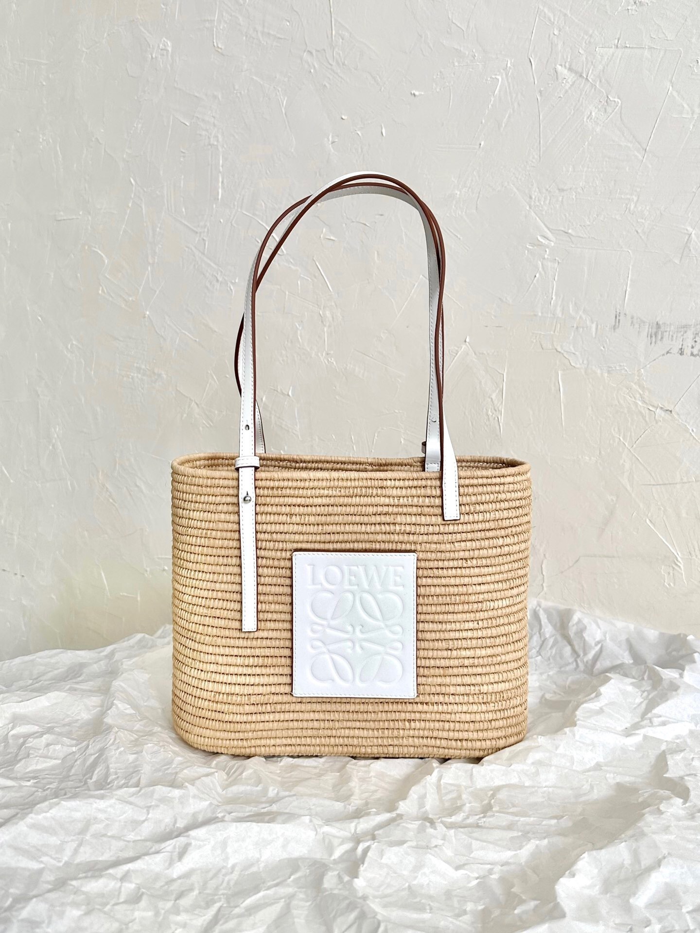 Loewe Small Square Bucket bag in natural raffia with white calfskin