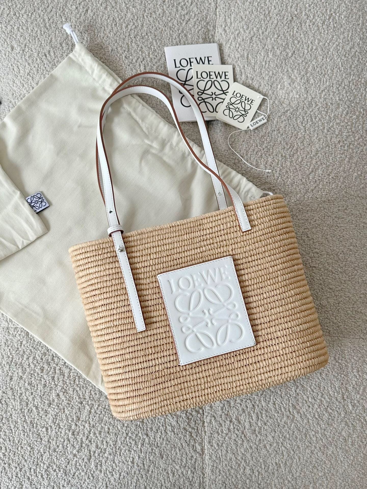 Loewe Small Square Bucket bag in natural raffia with white calfskin