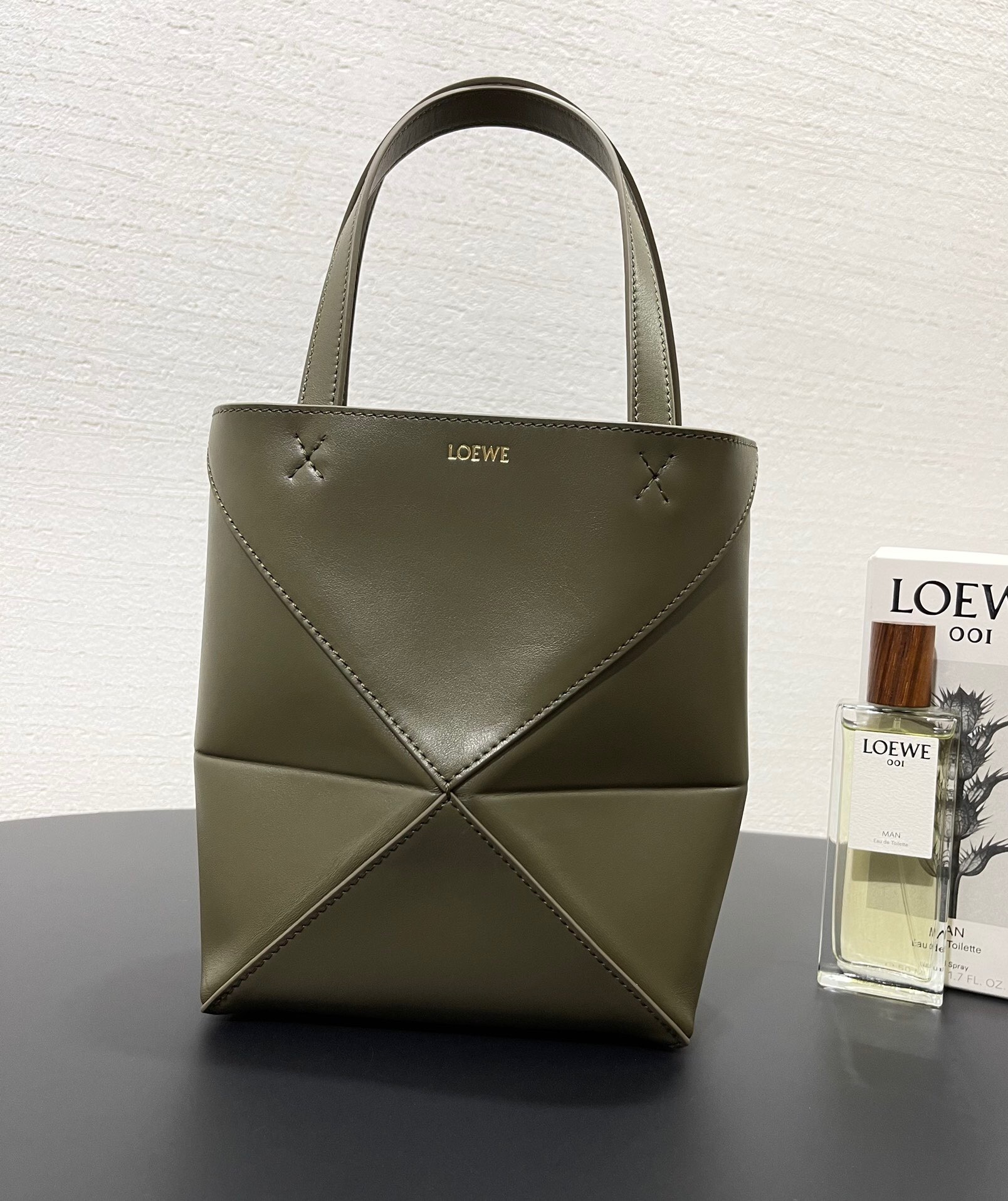 Loewe Mini Puzzle Fold Tote Bag in sage green or khaki calfskin leather