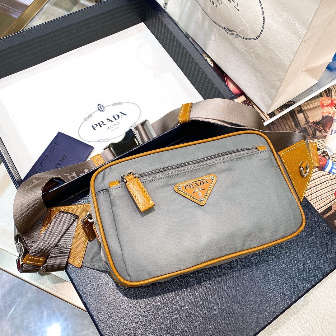 Prada Tessuto Montagna grey nylon and brown leather trim logo belt bag