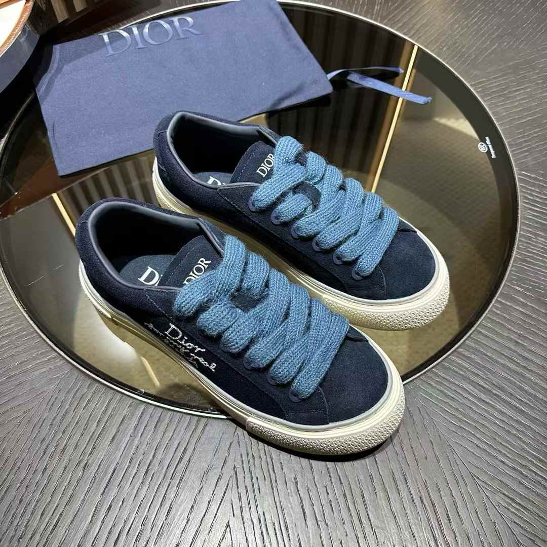 Dior B33 sneaker in navy blue suede with navy mohair laces