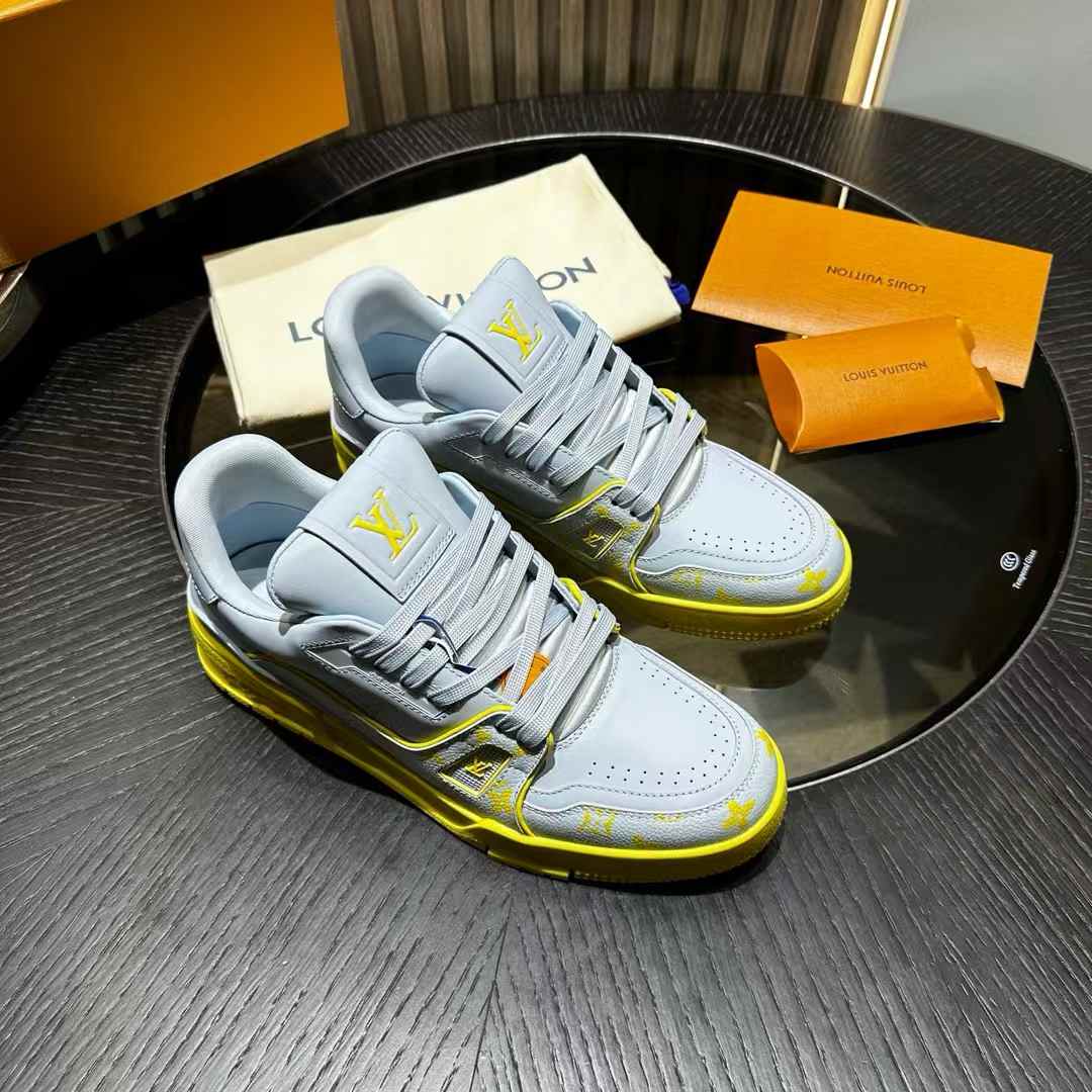 LV Trainer Low-Top Sneakers in gray leather with yellow