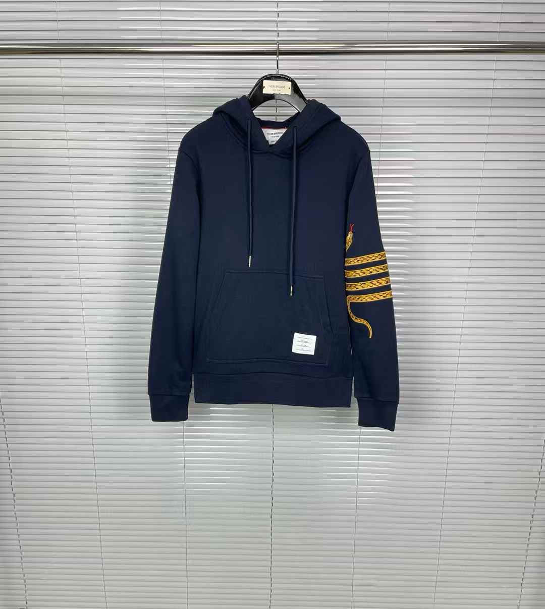 Thom Browne navy cotton Lunar New Year hoodie with a gold 4-bar embroidered snake