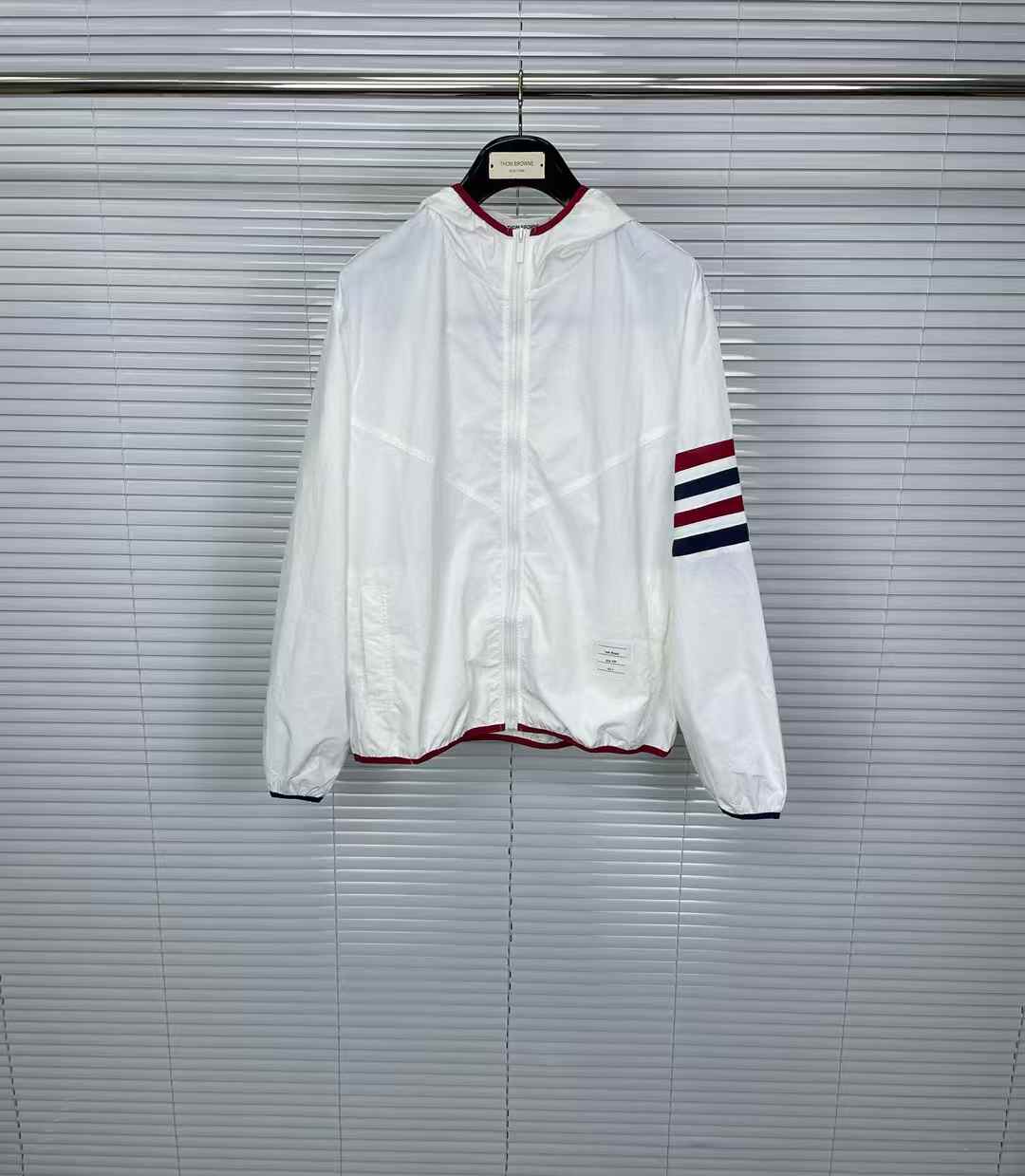 Thom Browne 4-Bar striped zip hooded jacket in white