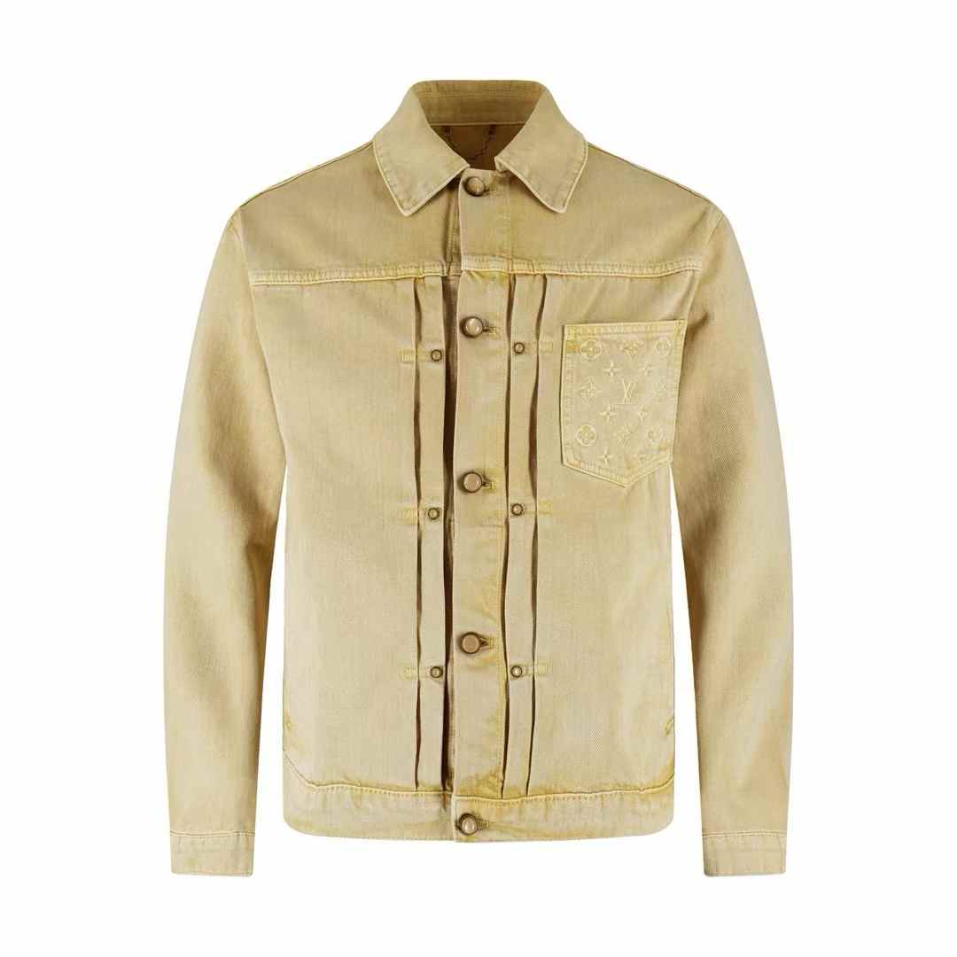 LV Garment-Dyed Denim Type II Trucker Jacket in a pale yellow color with monogram embroidery on the chest pocket
