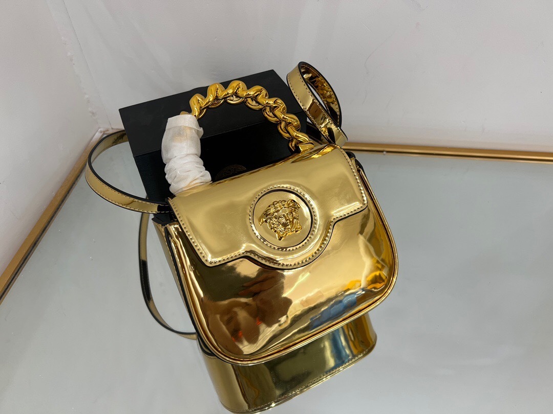 Versace La Medusa  gold-tone  patent-leather mini bag with a chain top handle