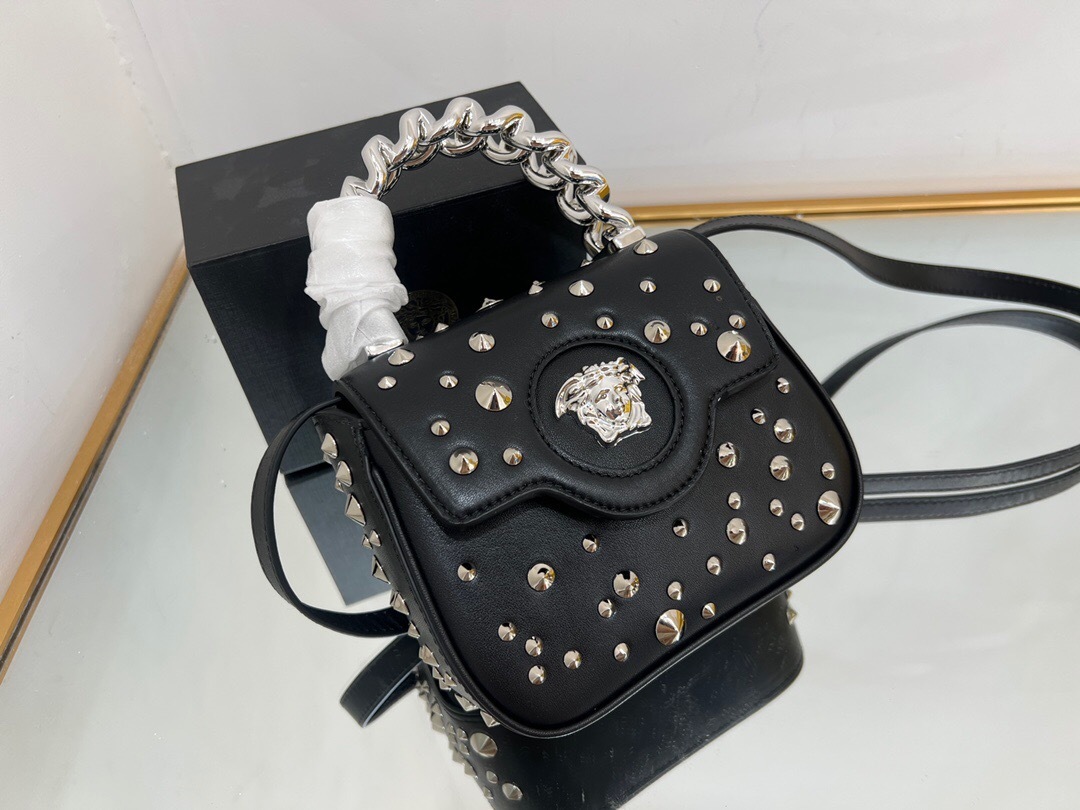Versace La Medusa mini bag in black leather with a chain top handle