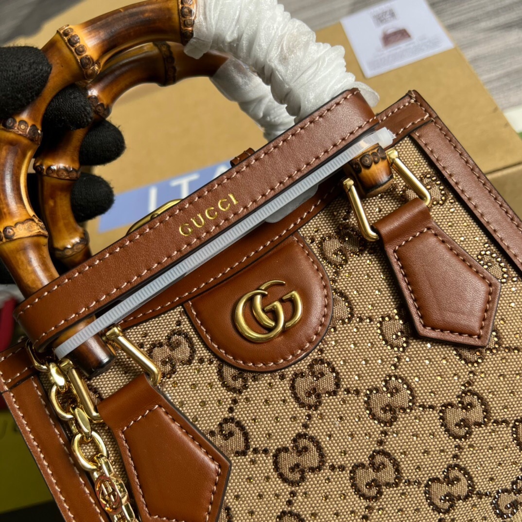 Gucci Diana Mini Tote Bag in camel and ebony GG canvas with brown leather finishes