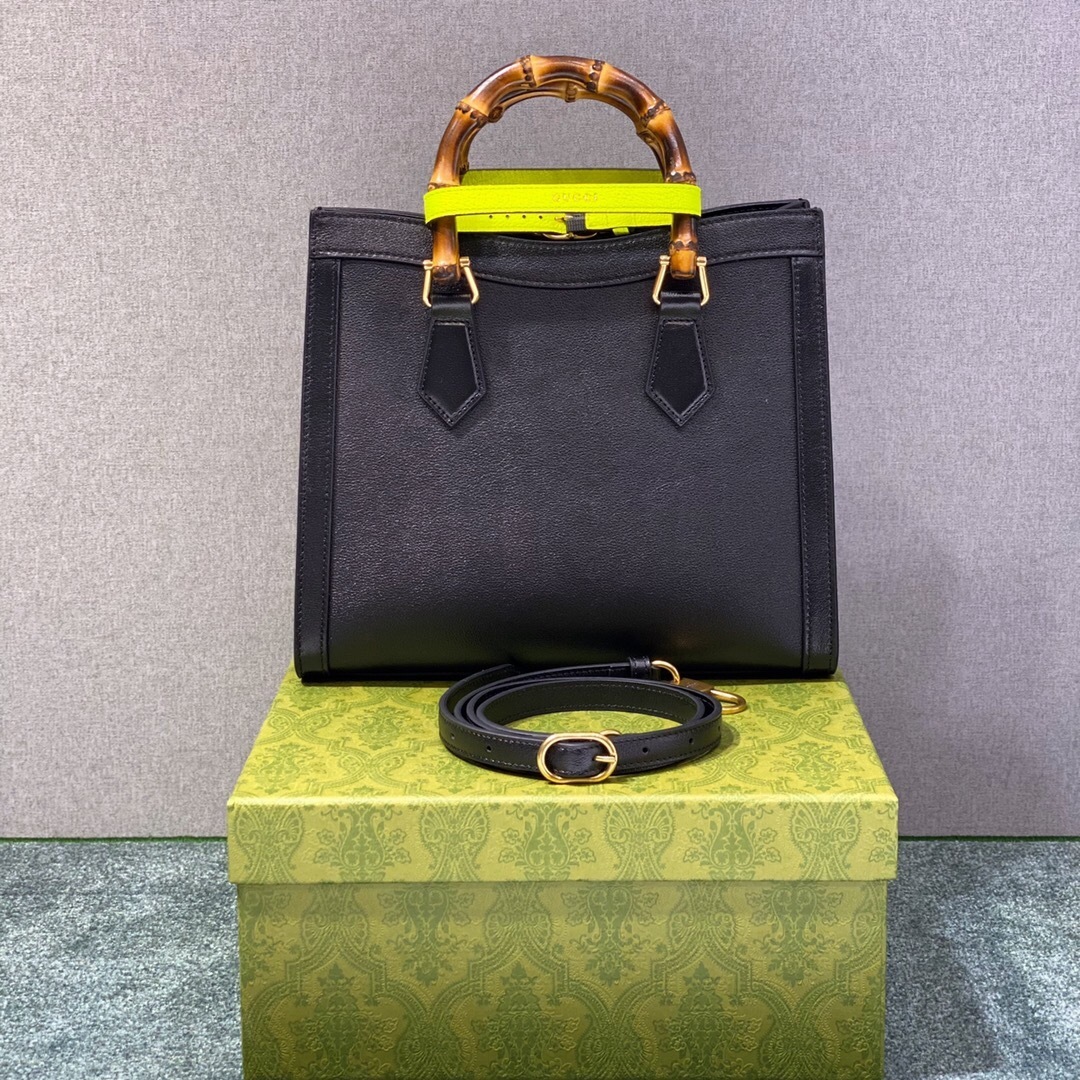 Gucci Diana Small Tote Bag in black leather with bamboo handles and removable neon leather belts