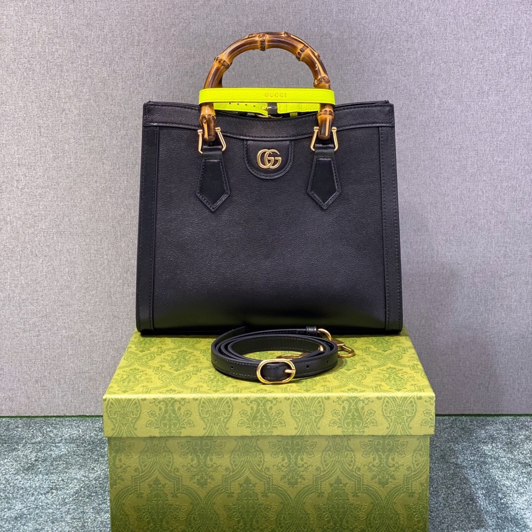 Gucci Diana Small Tote Bag in black leather with bamboo handles and removable neon leather belts