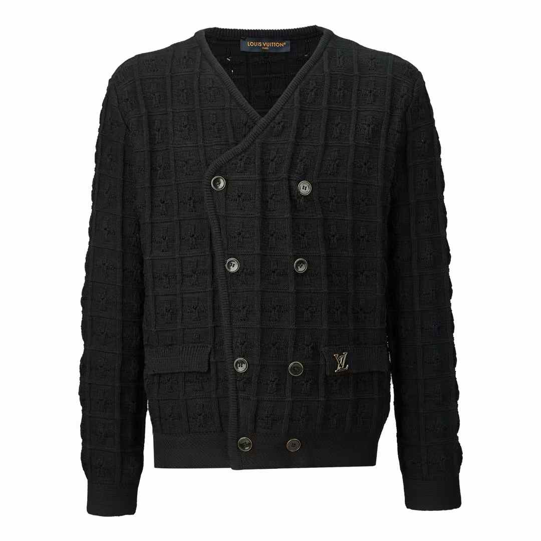 LV Double-Breasted Knit Jacket in black cotton with a textured signature knit