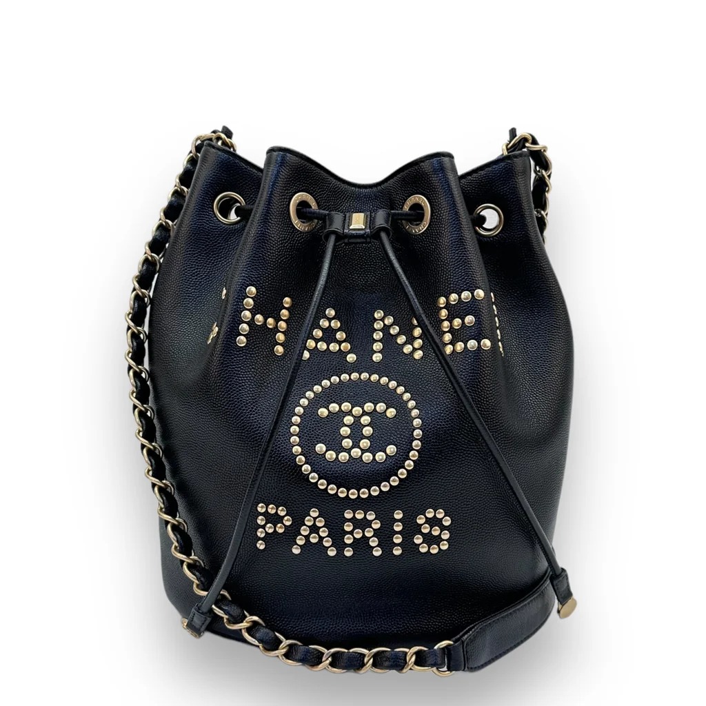 Chanel Deauville Drawstring Bucket Bag in studded black caviar leather