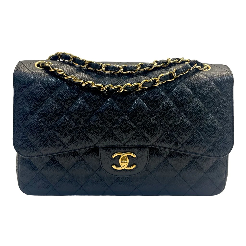 Chanel Black Quilted Caviar Jumbo Classic Double Flap Bag with gold hardware