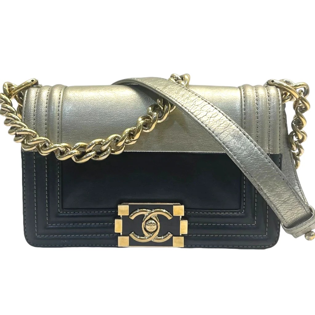 Chanel Bicolor Leather Small Boy Bag in black and metallic gold