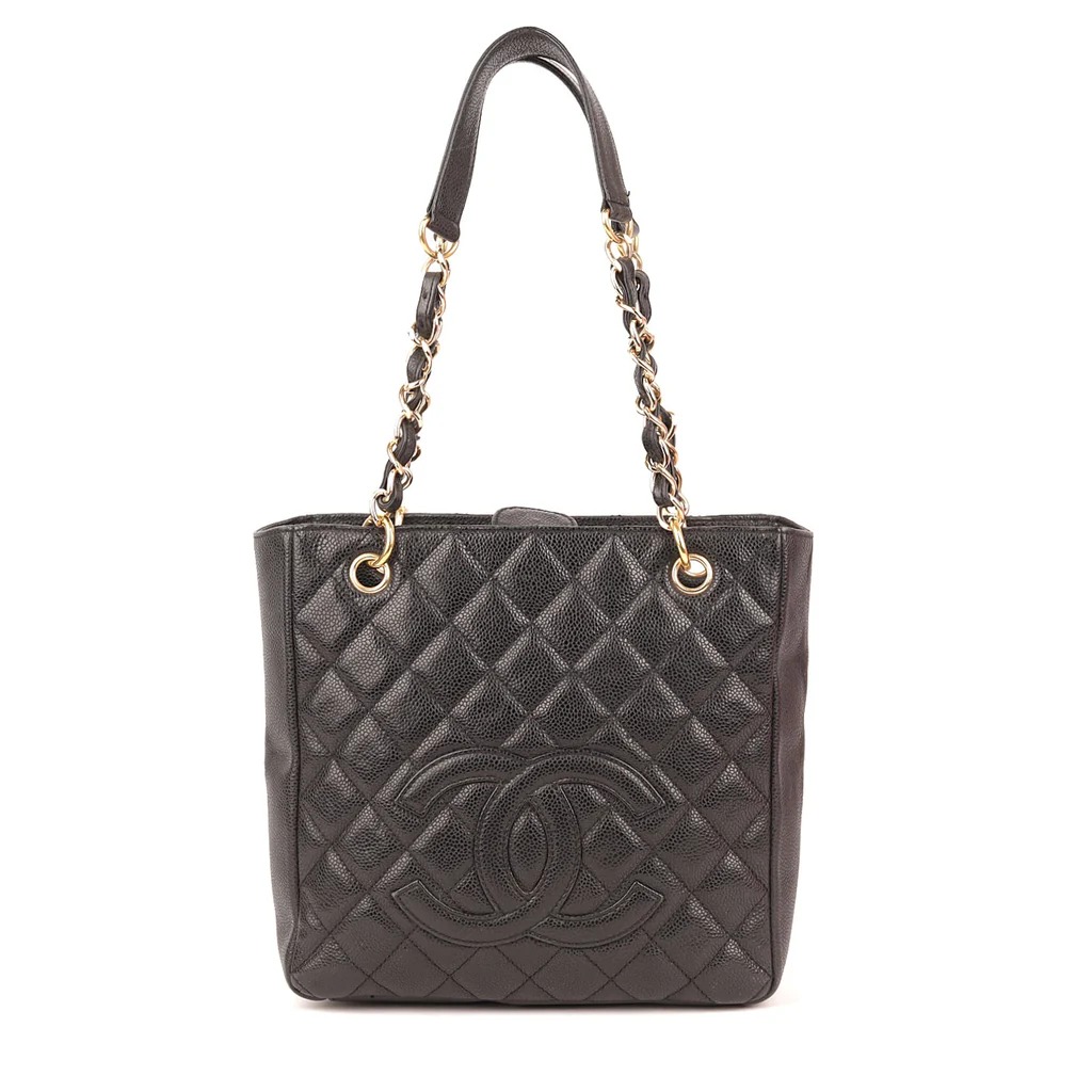 Chanel Matelasse PST (Petite Shopping Tote) bag in black quilted caviar leather with gold-tone hardware
