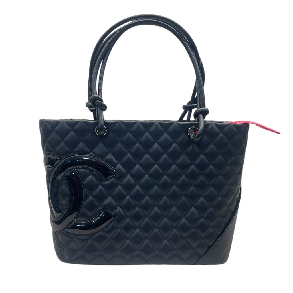 Chanel Cambon Ligne Large Tote Bag in black quilted calfskin leather with a patent leather CC logo
