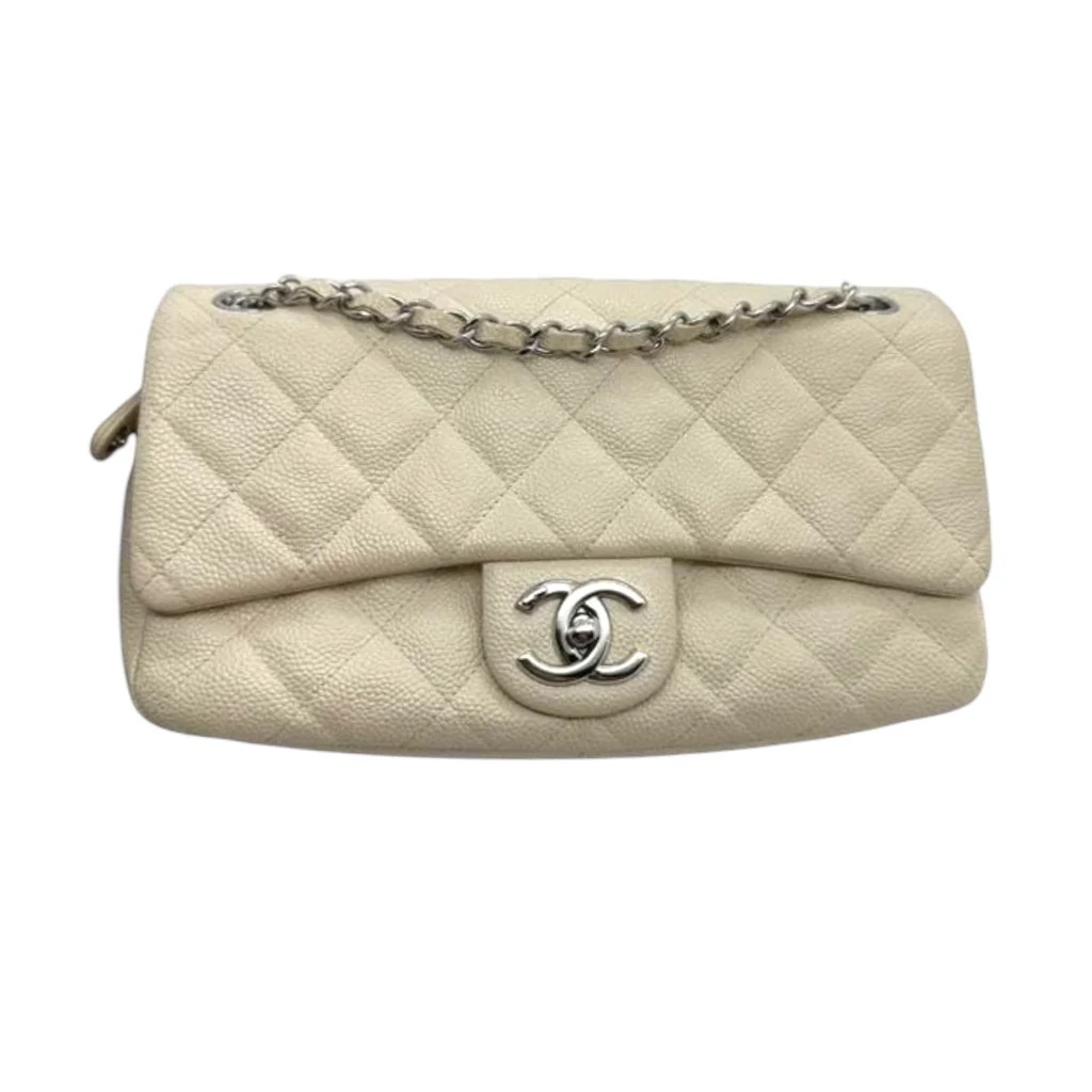 Chanel Medium Now & Forever Flap Bag in white caviar leather with silver-tone hardware