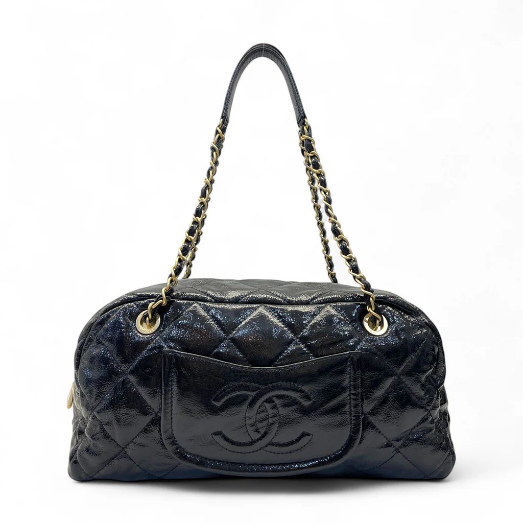 Chanel Shiny Aged Calfskin Quilted Bowler Bag with gold and ruthenium chain handles