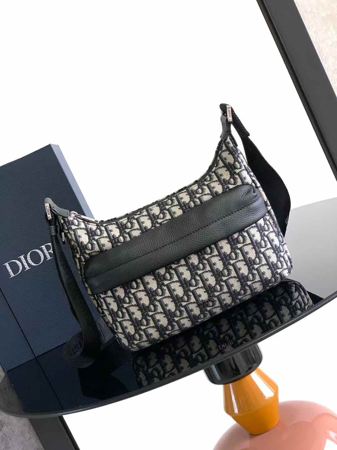 Dior Small Rider Soft Hobo Bag in beige and black Oblique jacquard with black grained calfskin