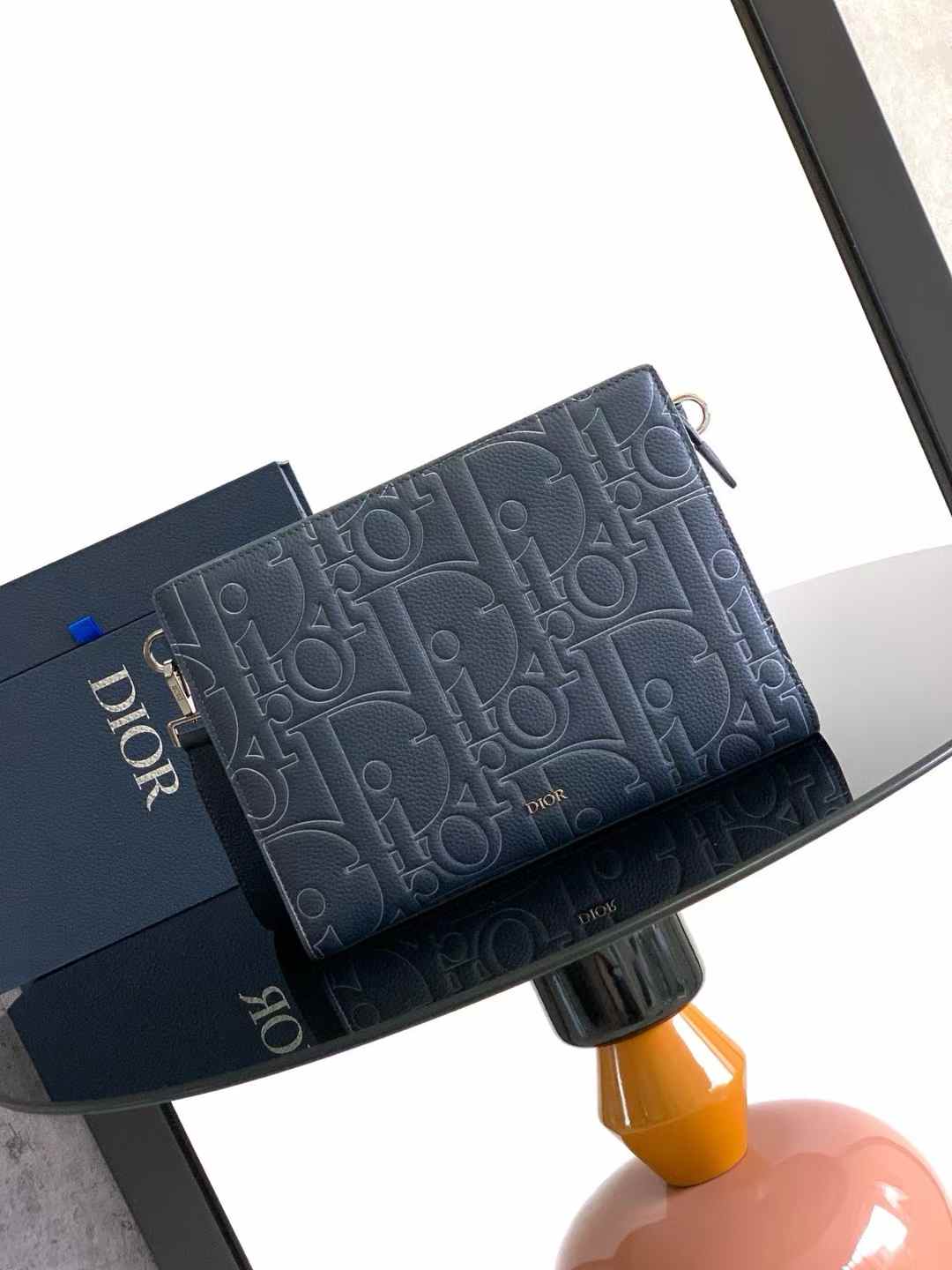 Dior A5 Triangle Pouch in navy blue Dior Gravity Outline leather