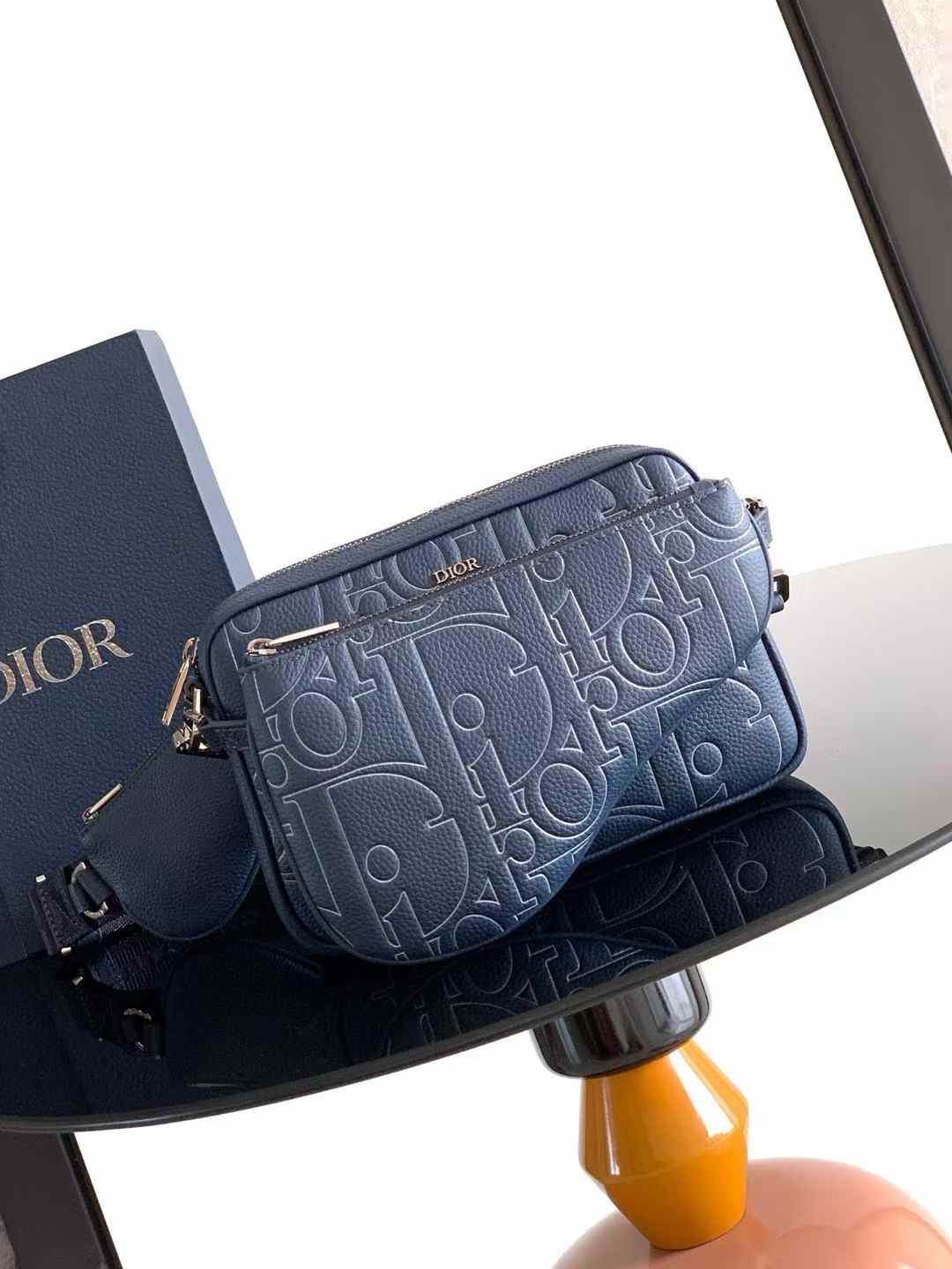 Dior Saddle Triple Pouch in navy bluer Gravity Outline leather