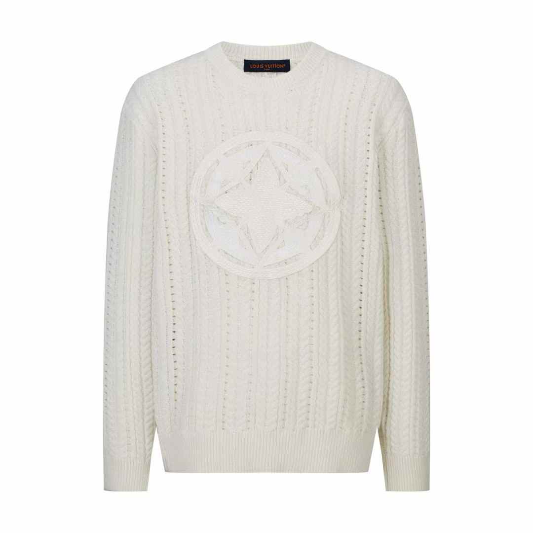 LV Long-Sleeved Cable-Knit Crewneck Sweater in milky white, made from a cotton-wool blend