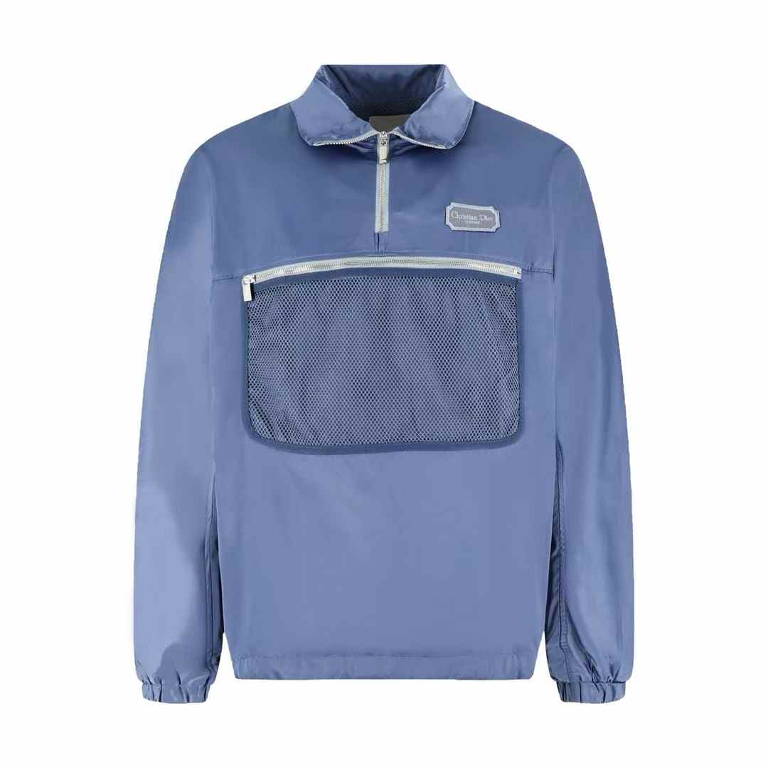 Dior men's blue polyester zipper hoodie with a large pocket and stitching design