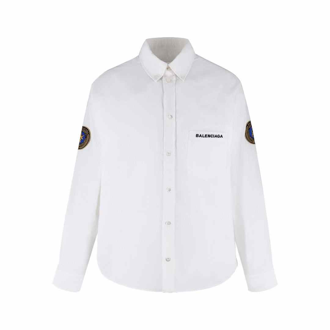 Balenciaga white oversized shirt with logo lettering on the front and a logo patch on the sleeve