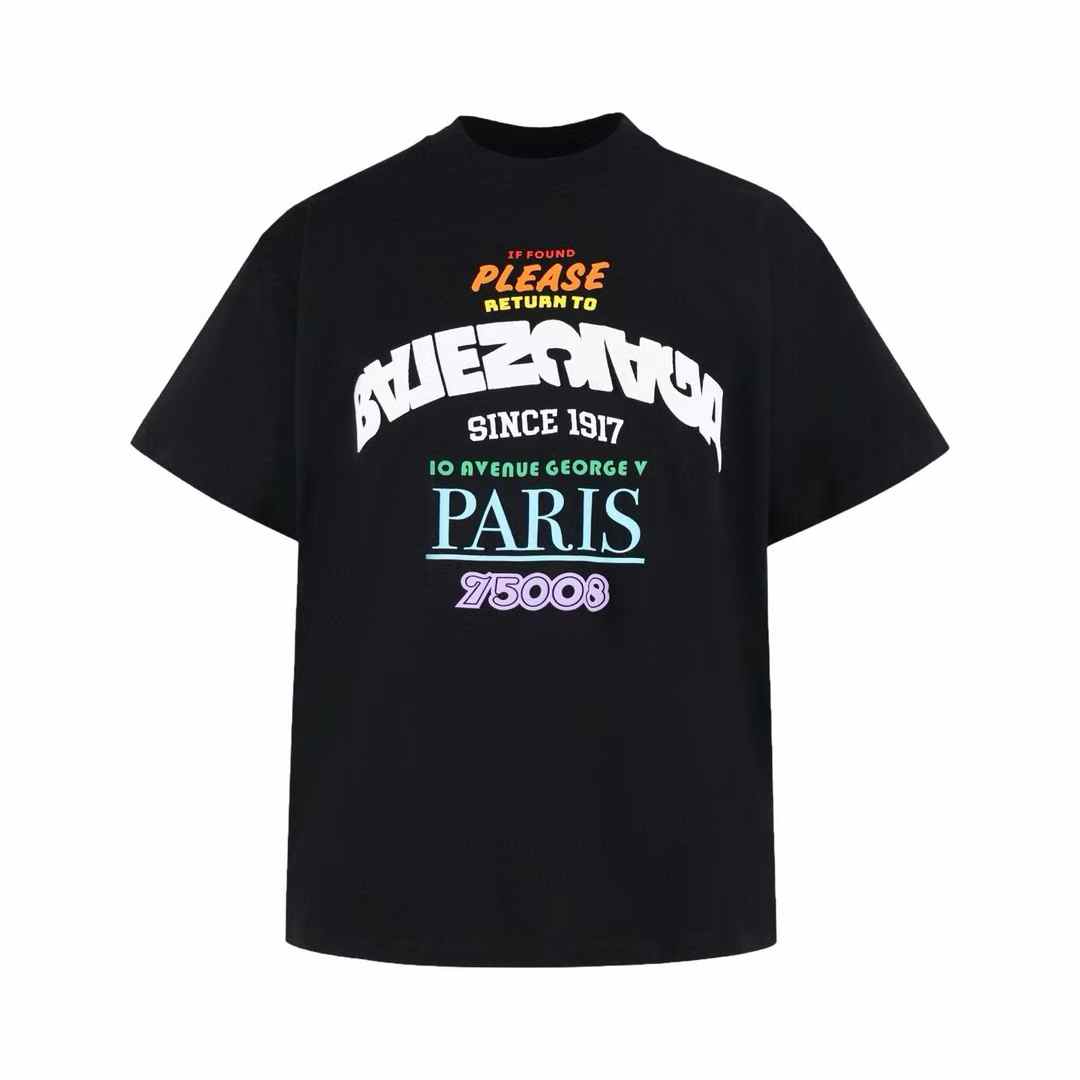 Balenciaga t-shirt with a graphic print that says "PLEASE RETURN TO BALENCIAGA SINCE 1917 10 AVENUE GEORGE V PARIS 75008 Black