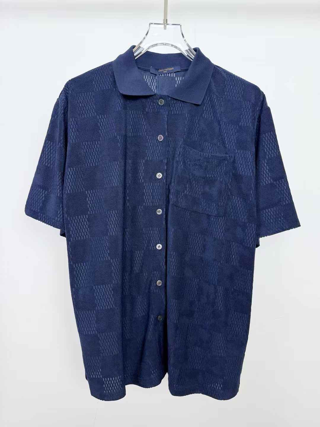 LV Damier French Terry Short-Sleeved Cotton-Blend Shirt in navy Blue