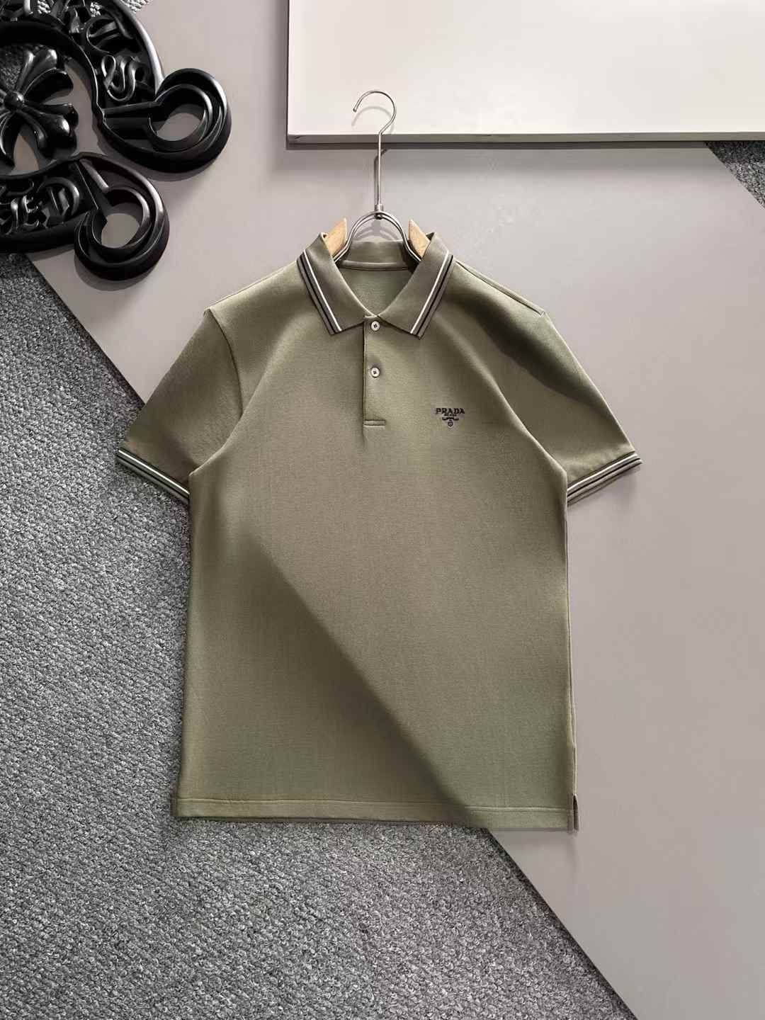 Prada men's polo shirt in olive green with a tonal triangle logo
