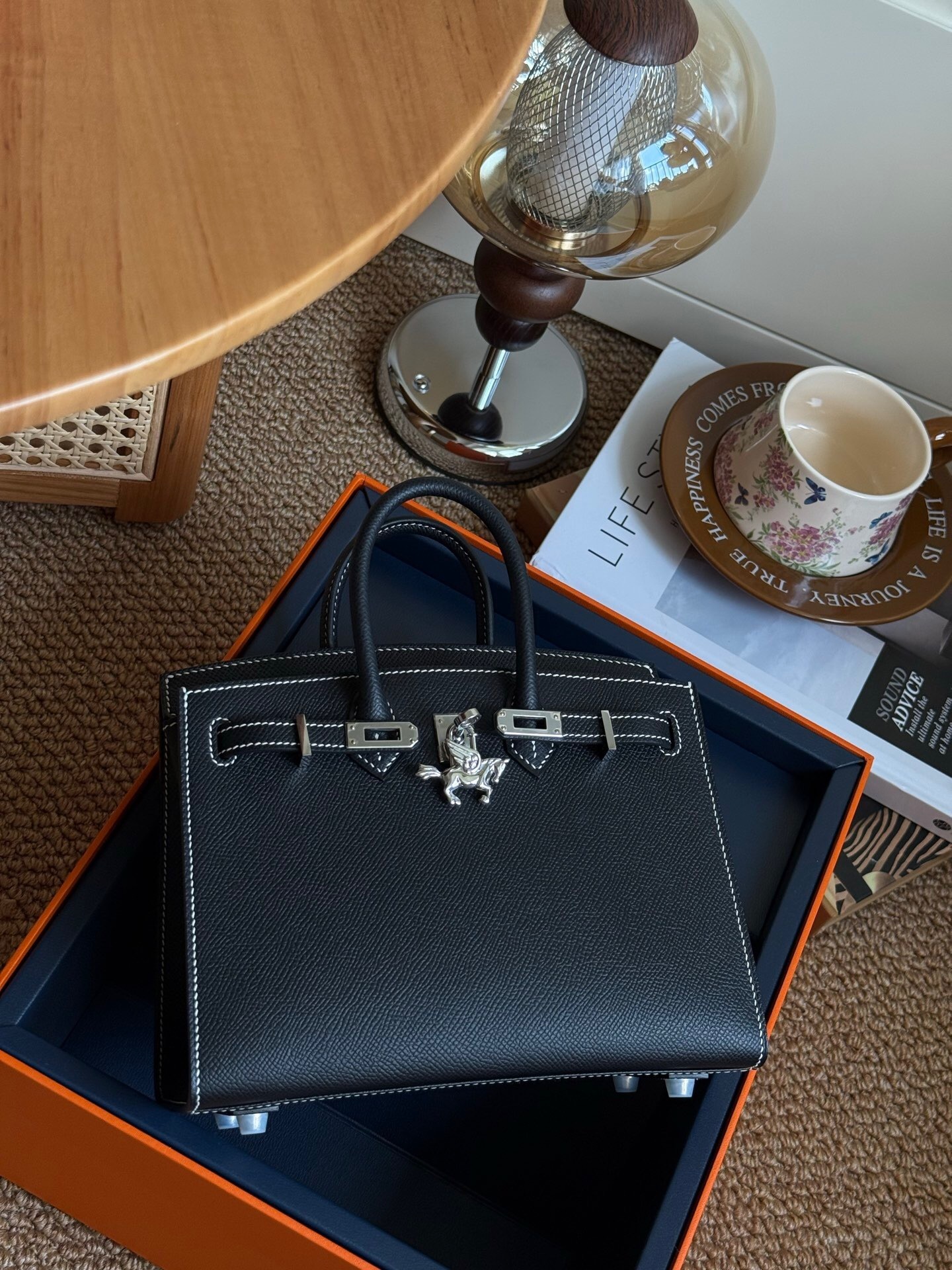 Hermes Birkin bag with contrast white stitching and palladium hardware Black