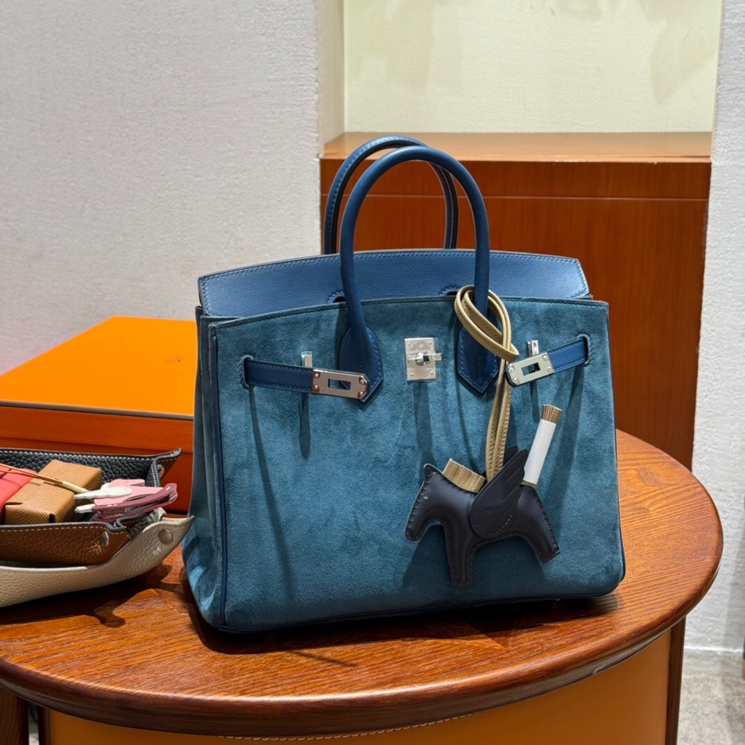 Hermes Birkin Tote bag in blue suede or Veau Grizzly leather palladium hardware