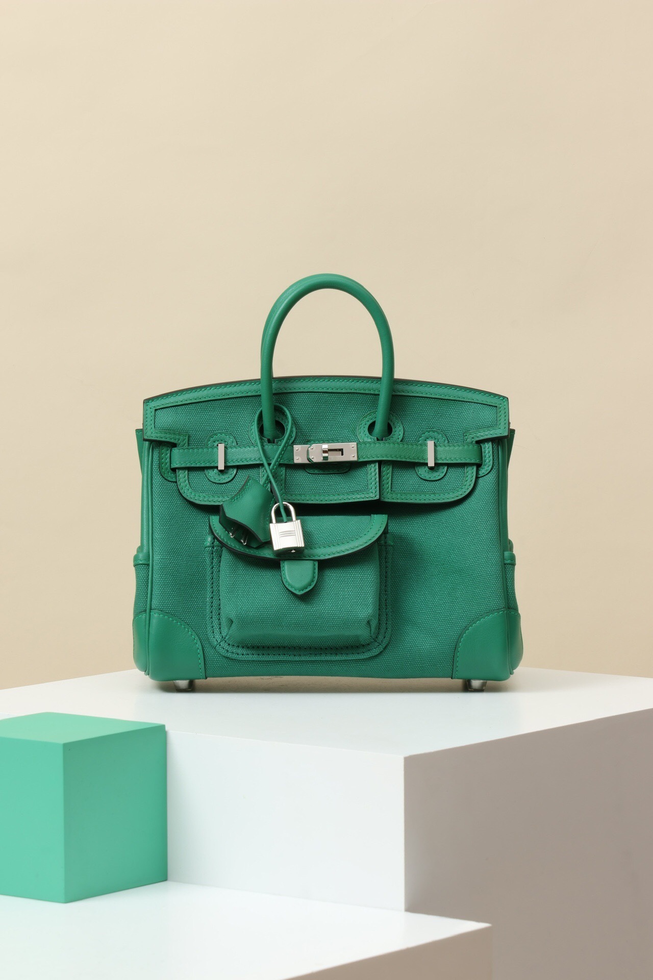 Hermes Vert Vertigo Swift and Toile canvas Cargo Birkin 25 handbag with palladium hardware