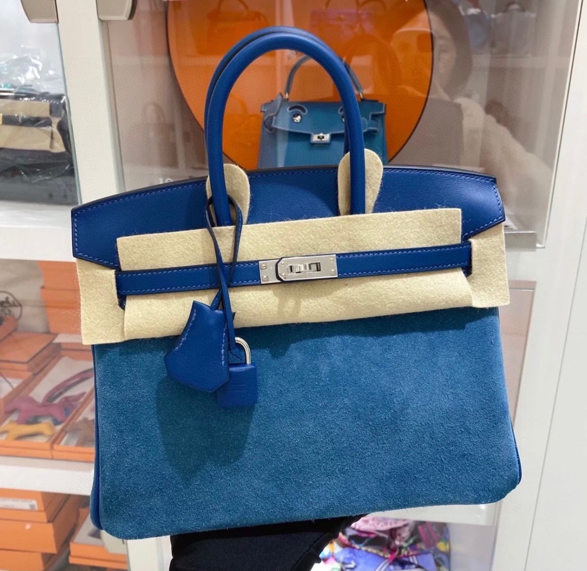Hermes Birkin 25 bag in Bleu France Swift leather and Bleu Bill-Ecru Toile H canvas with palladium hardware