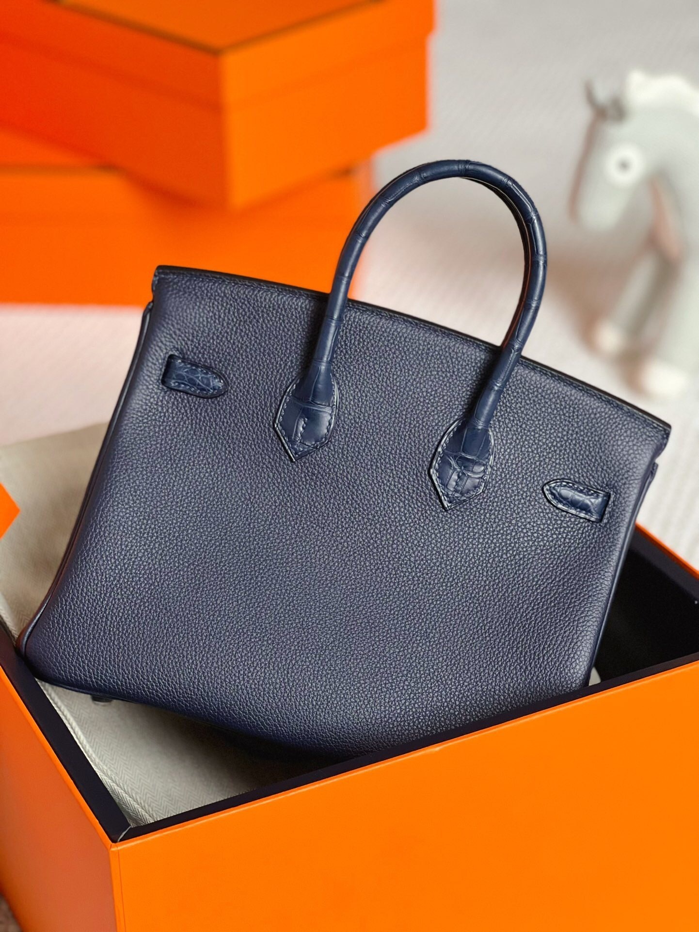 Hermes Birkin 25 handbag dark blue Togo or crocodile leather with palladium hardware