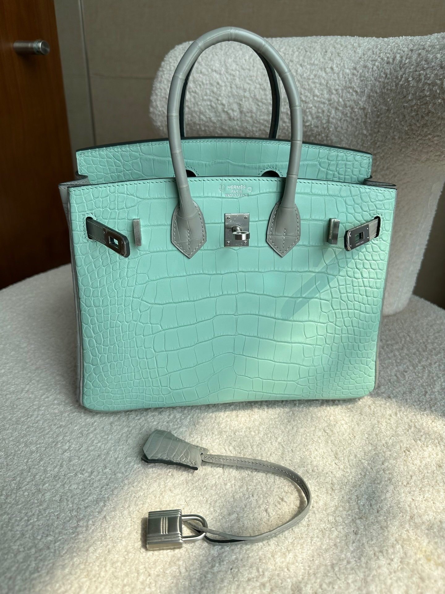 Hermes Birkin bag in a mint or turquoise crocodile leather with palladium hardware