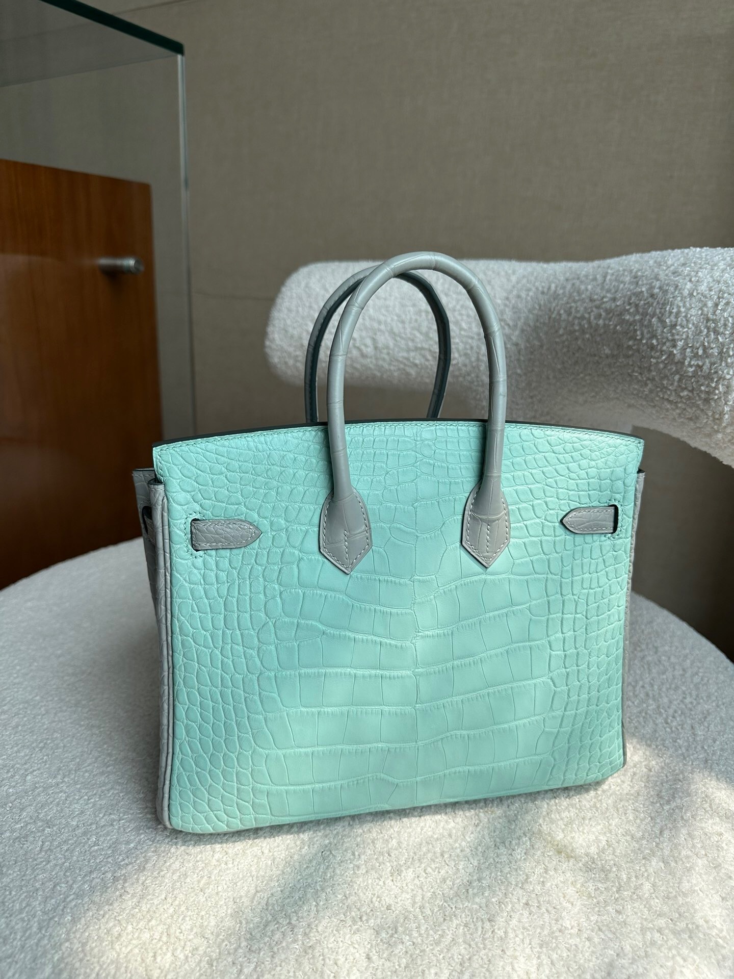 Hermes Birkin bag in a mint or turquoise crocodile leather with palladium hardware