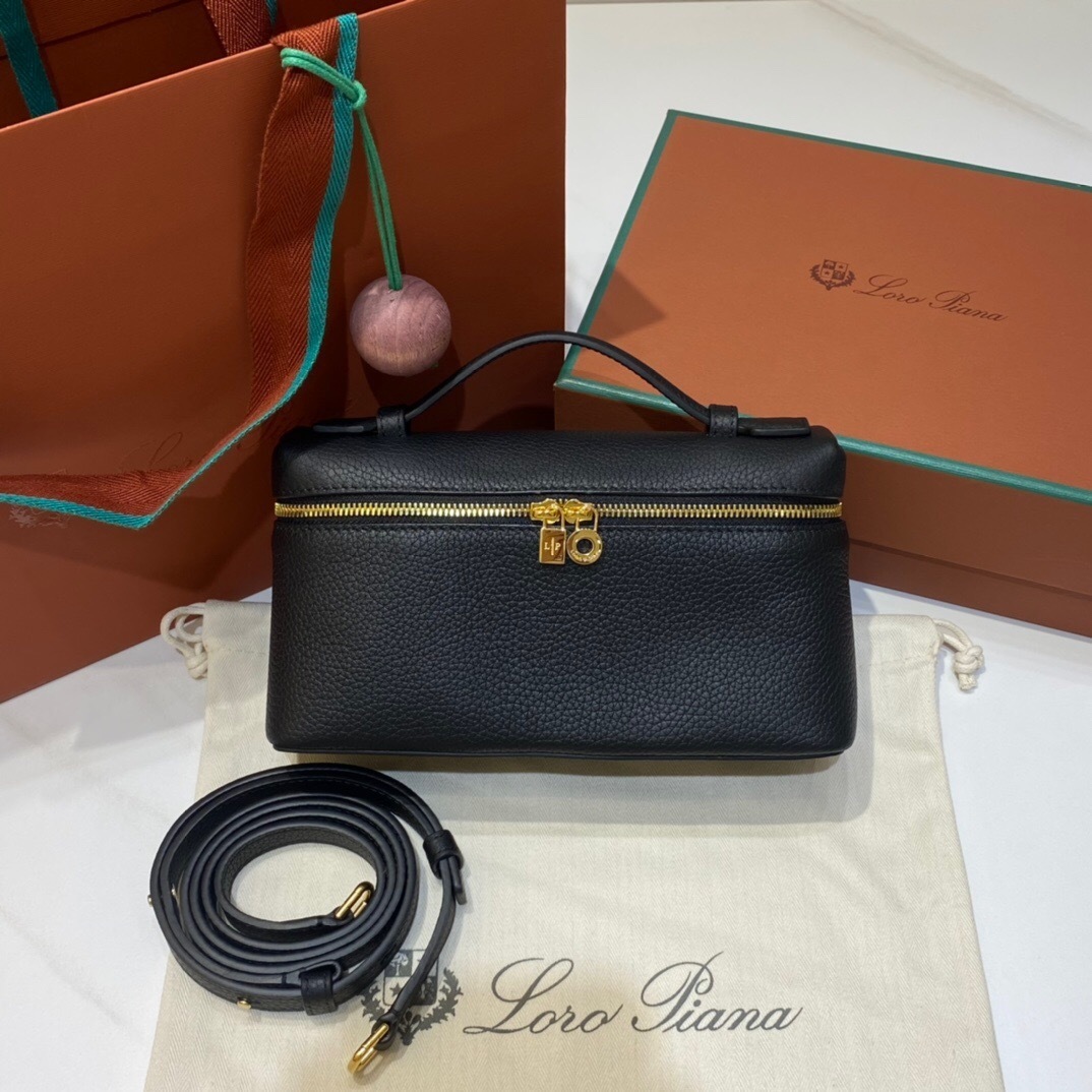 Loro Piana Extra Pocket L19 bag in black grained calfskin leather with gold-tone hardware