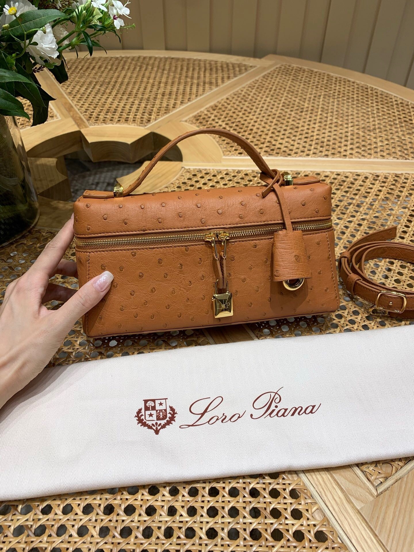 Loro Piana Extra Bag vanity case L23 in ostrich leather, color Cognac/Sun Gold