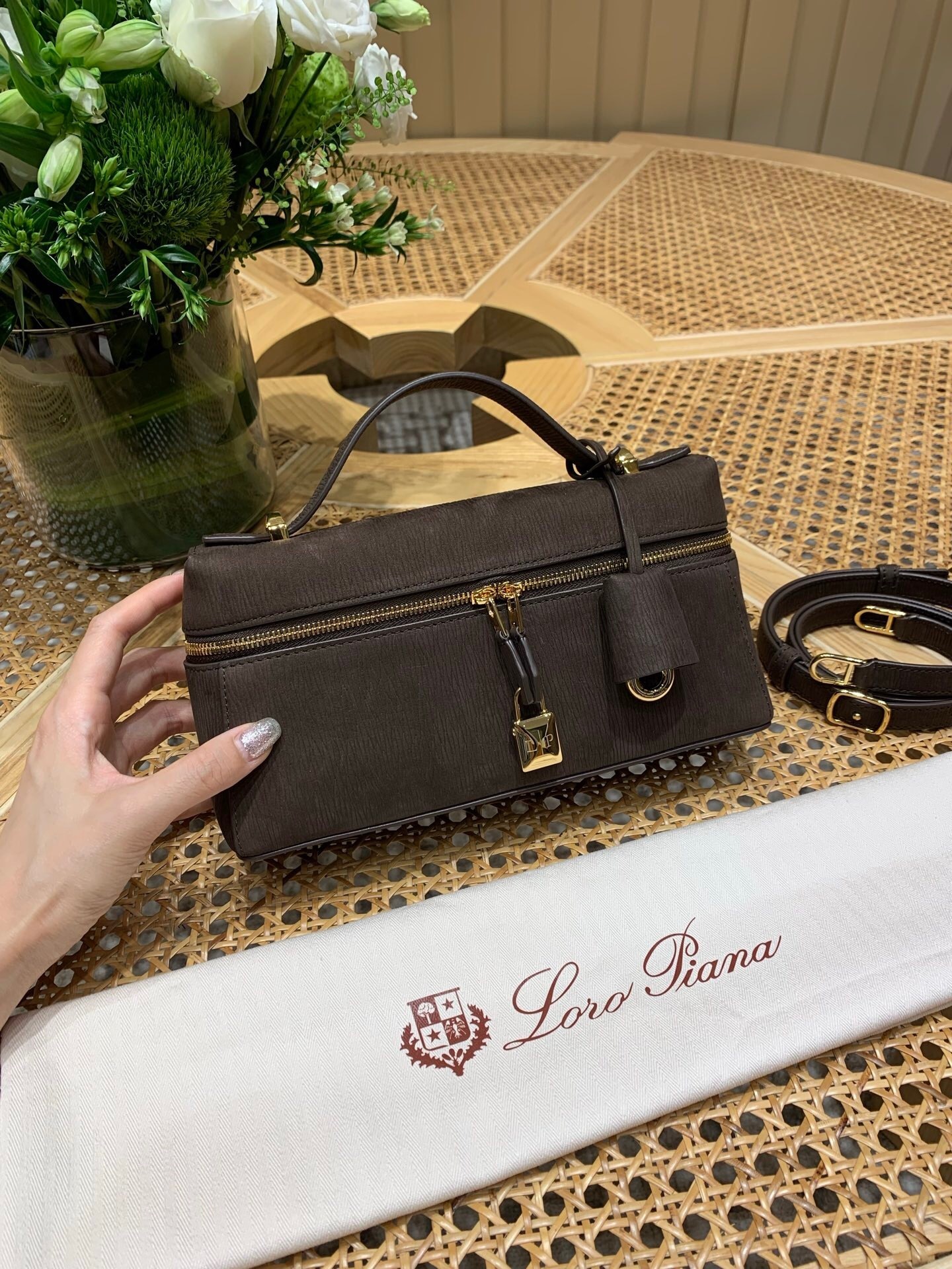 Loro Piana Extra Bag Vanity Case L23 in smooth calfskin in a dark brown color (likely Dark Choco Licorice or similar) with sun gold hardware