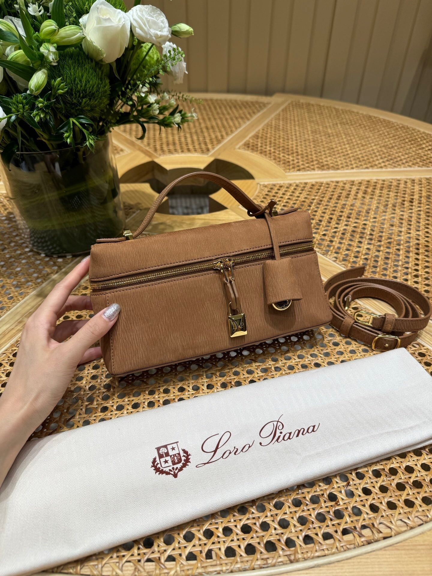 Loro Piana Extra Bag vanity Case in suede goatskin in the color Clay Soil/Sun Gold