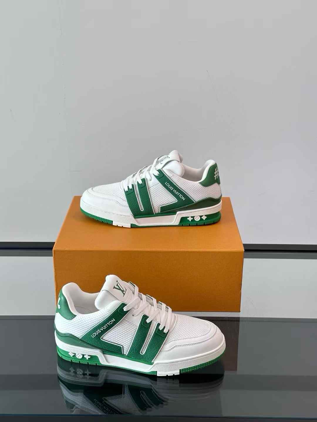 LV Trainer sneaker in white and green leather