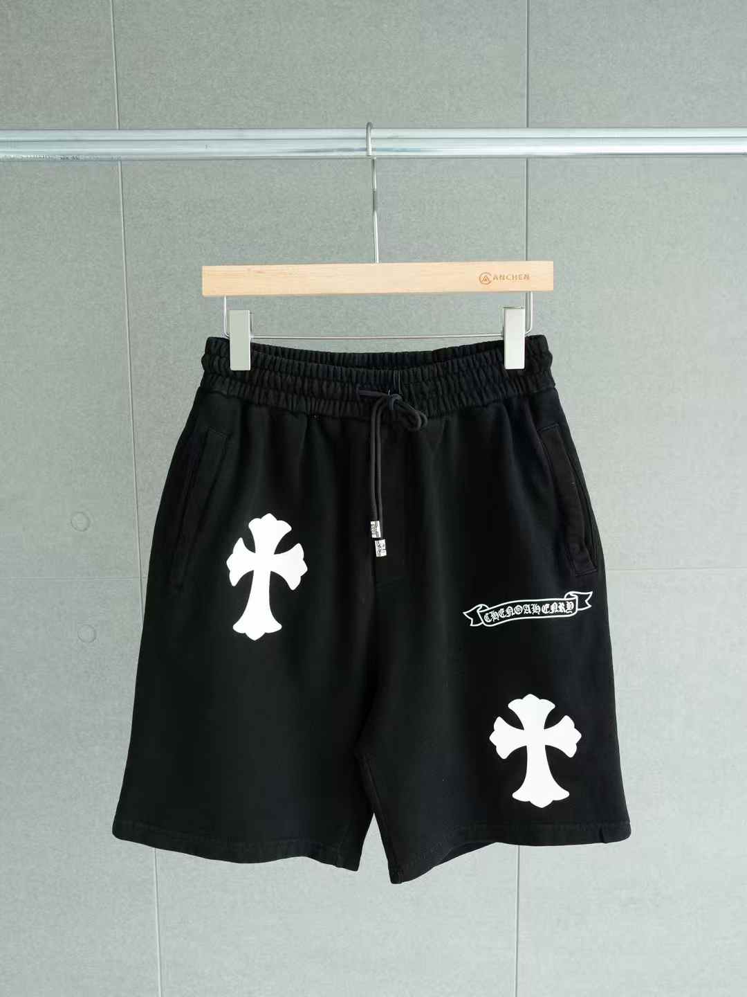 Chrome Hearts cross print shorts with a drawstring waist black