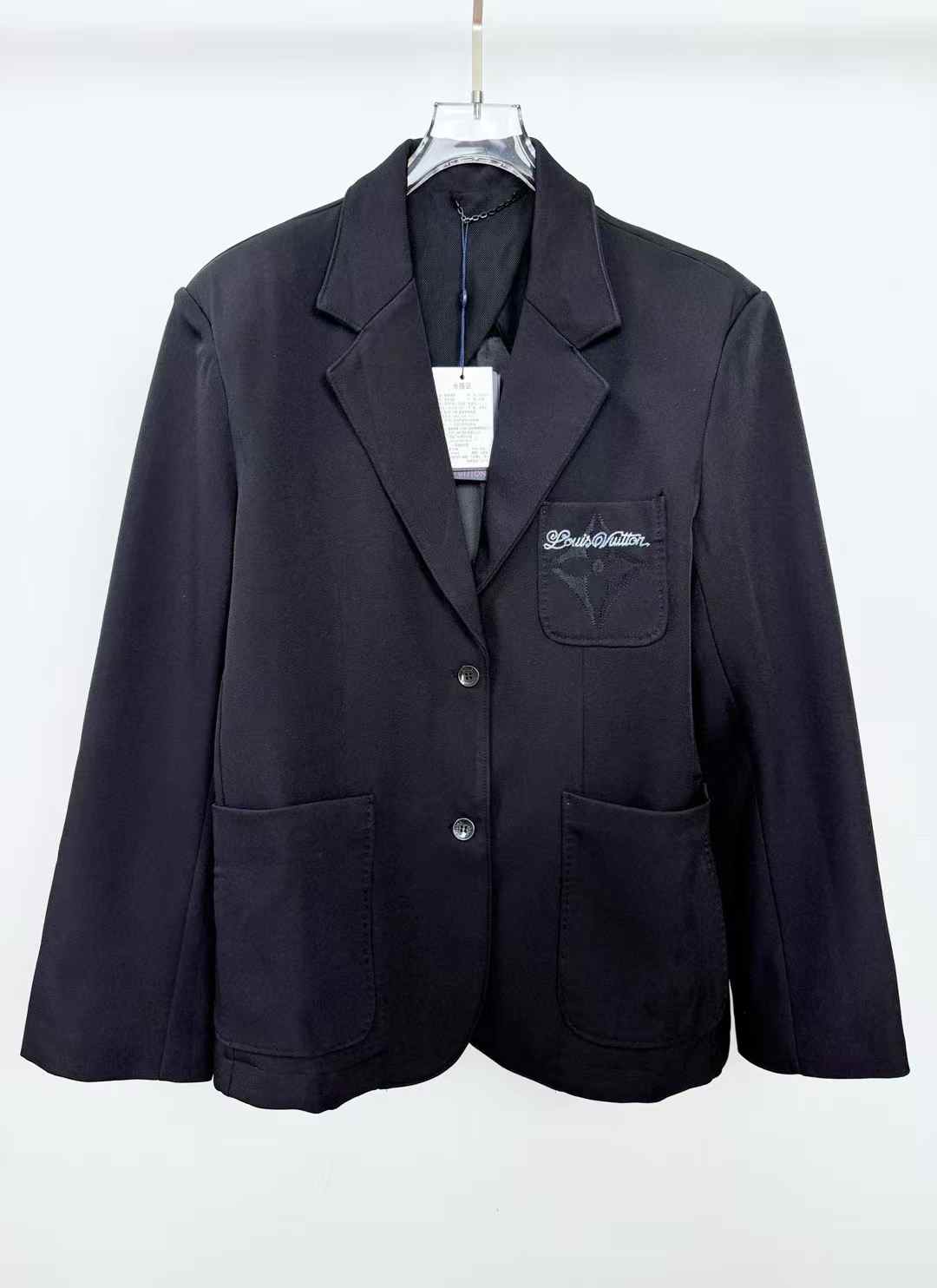 LV Preppy Relaxed Blazer in black technical wool-blend jersey with pale blue embroidery