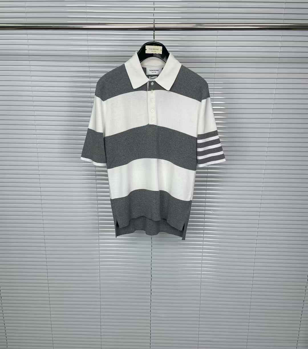 Thom Browne grey and off-white rugby stripe Milano stitch short-sleeve polo shirt in 100% cotton