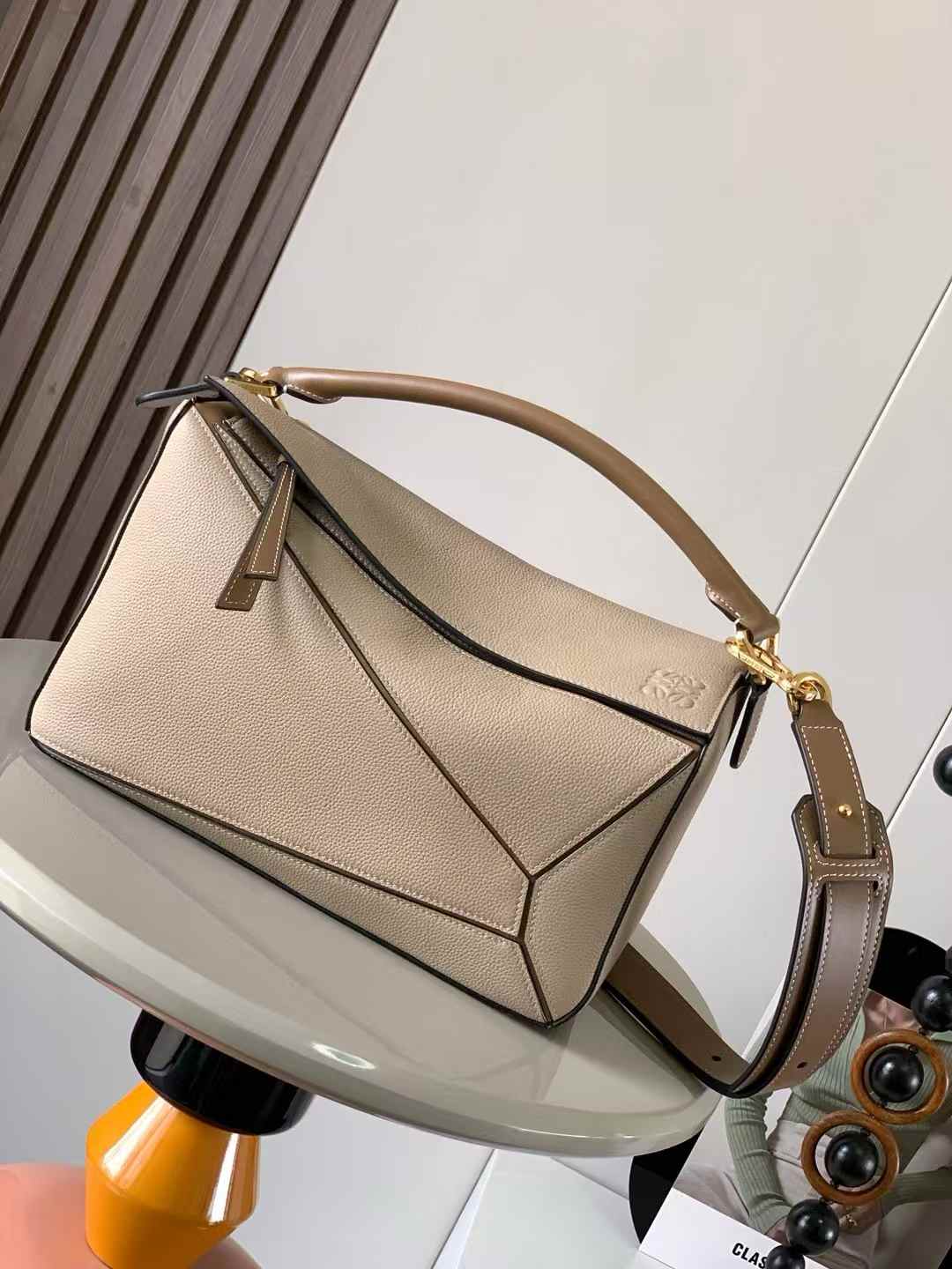 Loewe Puzzle Medium Sand Beige Calfskin Leather Bag Brown Strap